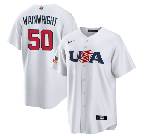 Men's USA Baseball #50 Adam Wainwright 2023 White World Baseball Classic Replica Stitched Jersey